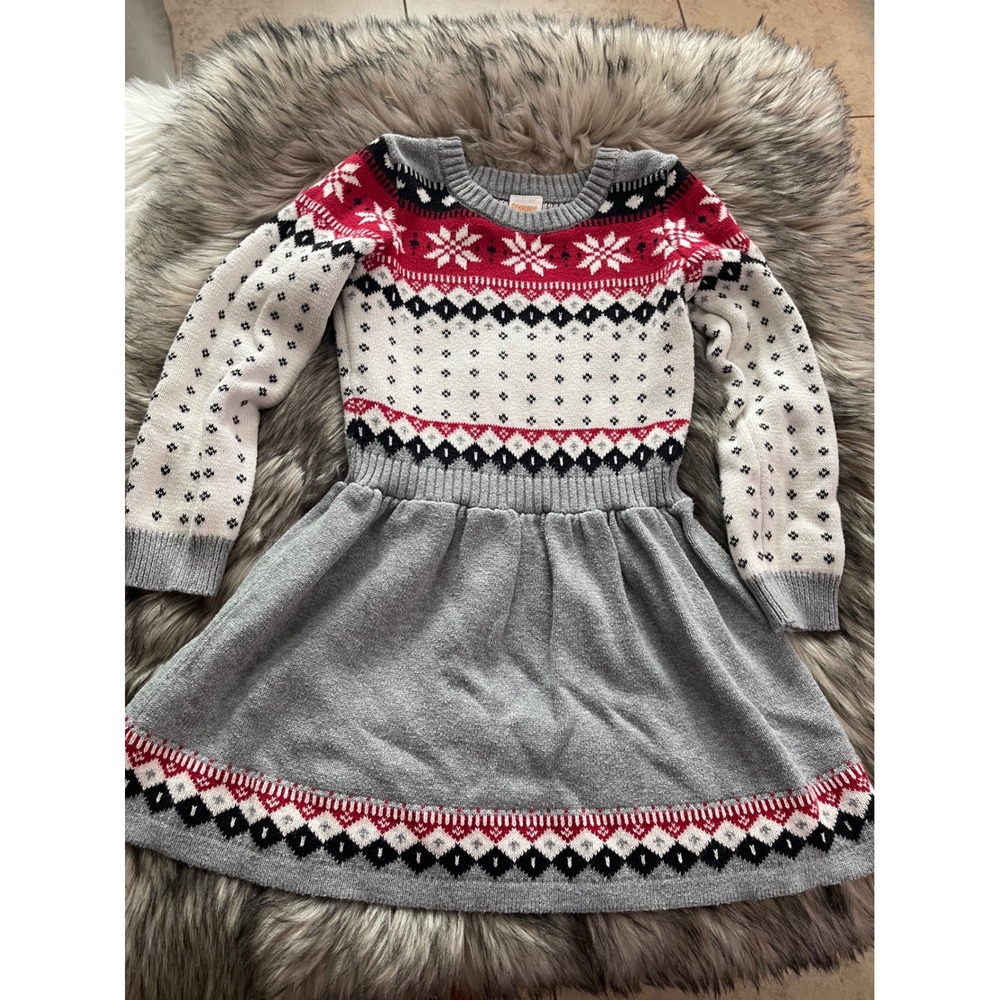 Gymboree Girl Size 5T Red White Gray Fair Isle Snowflake Holiday Sweater Dress